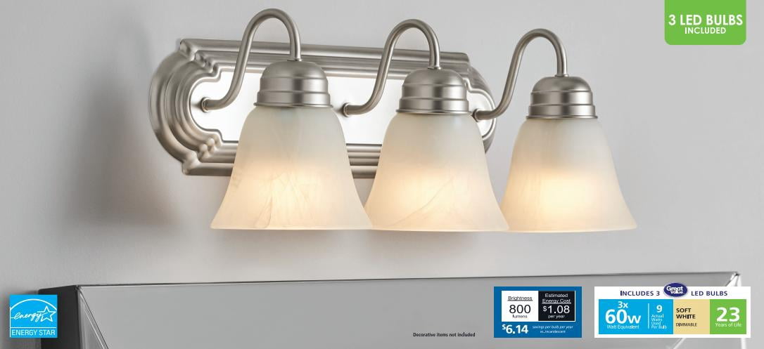 Mainstays 3-Light Traditional Vanity Light, Satin Nickel