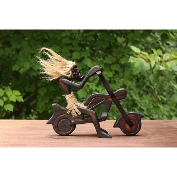Handmade Wooden Single Primitive Tribal Riding Harley Davidson Statue Motorcycle Sculpture Tiki Bar Unique Gift Wood Home Decor Figurine Hand Carved
