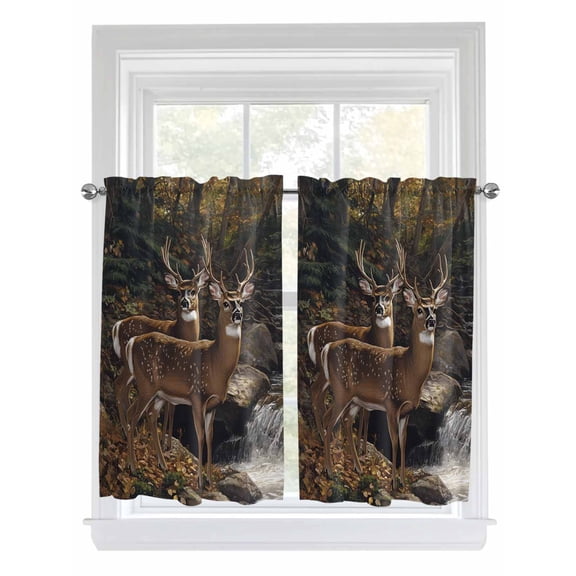 Kitchen Curtains 45 Inches length, Forest Deer Window Treatment Curtain Drapes, Farmhouse Vintage River Elk Lightweight Window Panels for Living Room Bedroom, 52"x45", 2 Panels