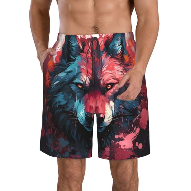 Balery Red Flame Wolf Head Traje de Baño Estilo Hawaiano para Hombre, Shorts de Secado Rápido con Bolsillos-X-Large