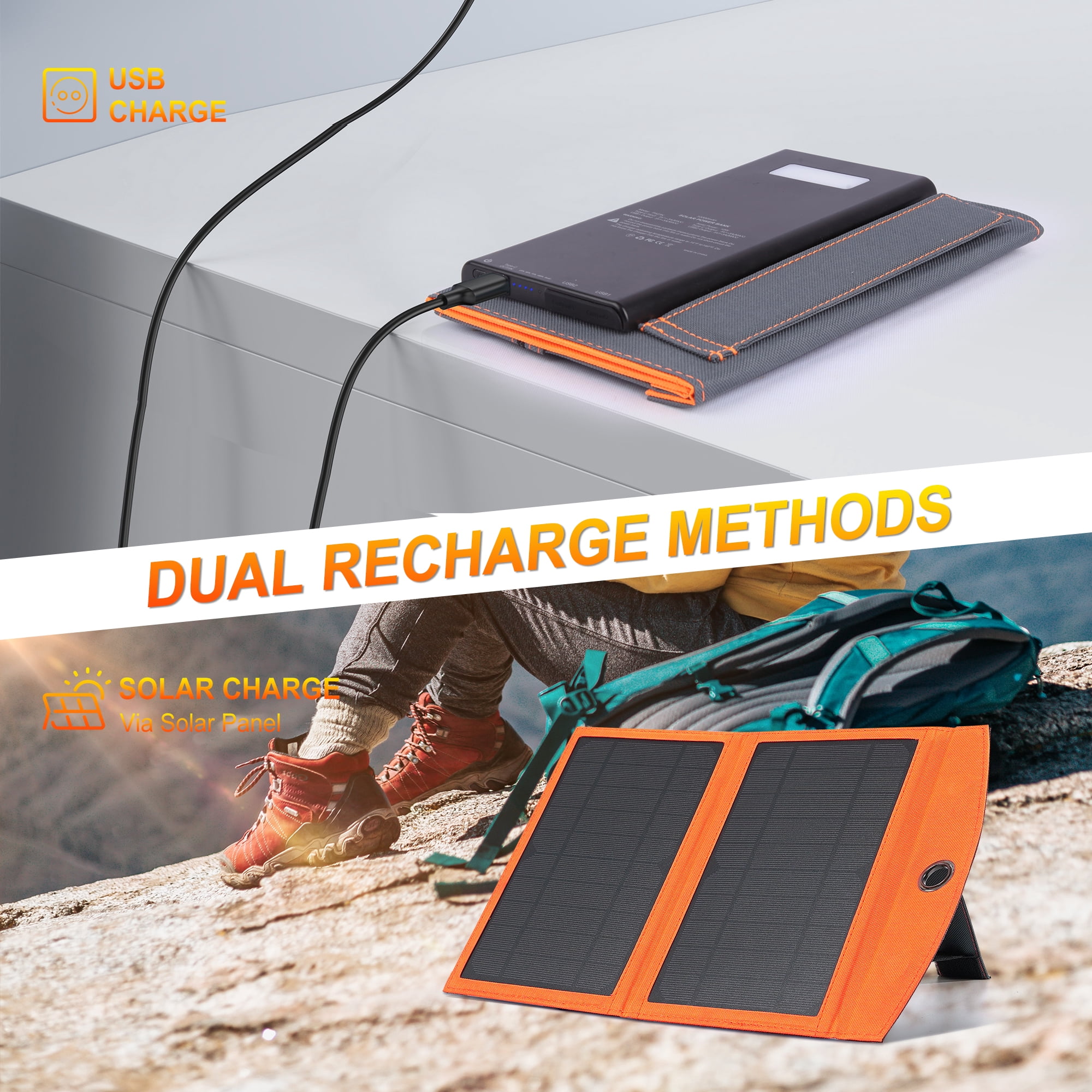 OWNTECH Solar Charger, 20000mAh Outdoor Waterproof Portable Power Bank，5V USB Ports Output for Smartphones iPhone Tablets Outdoor Camping Hiking (Orange)