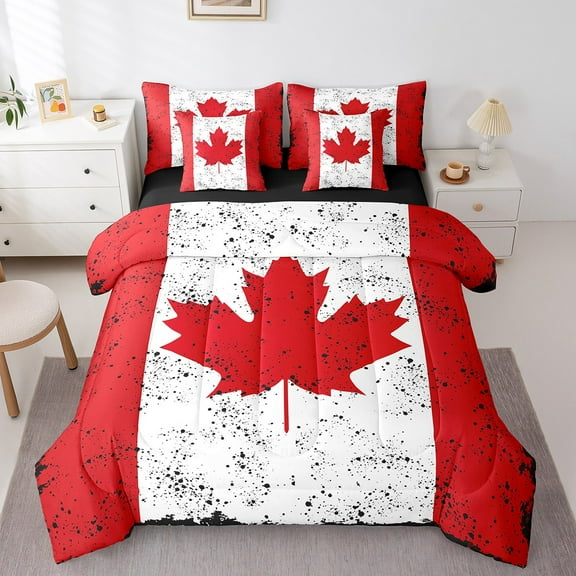 Erosebridal Canadian Flag Bedding Twin Size, Aesthetic Red White Comforter Sets with Sheets, Patriotic Duvet Set, Lightweight Bedroom Decorative, Reversible 7-Piece