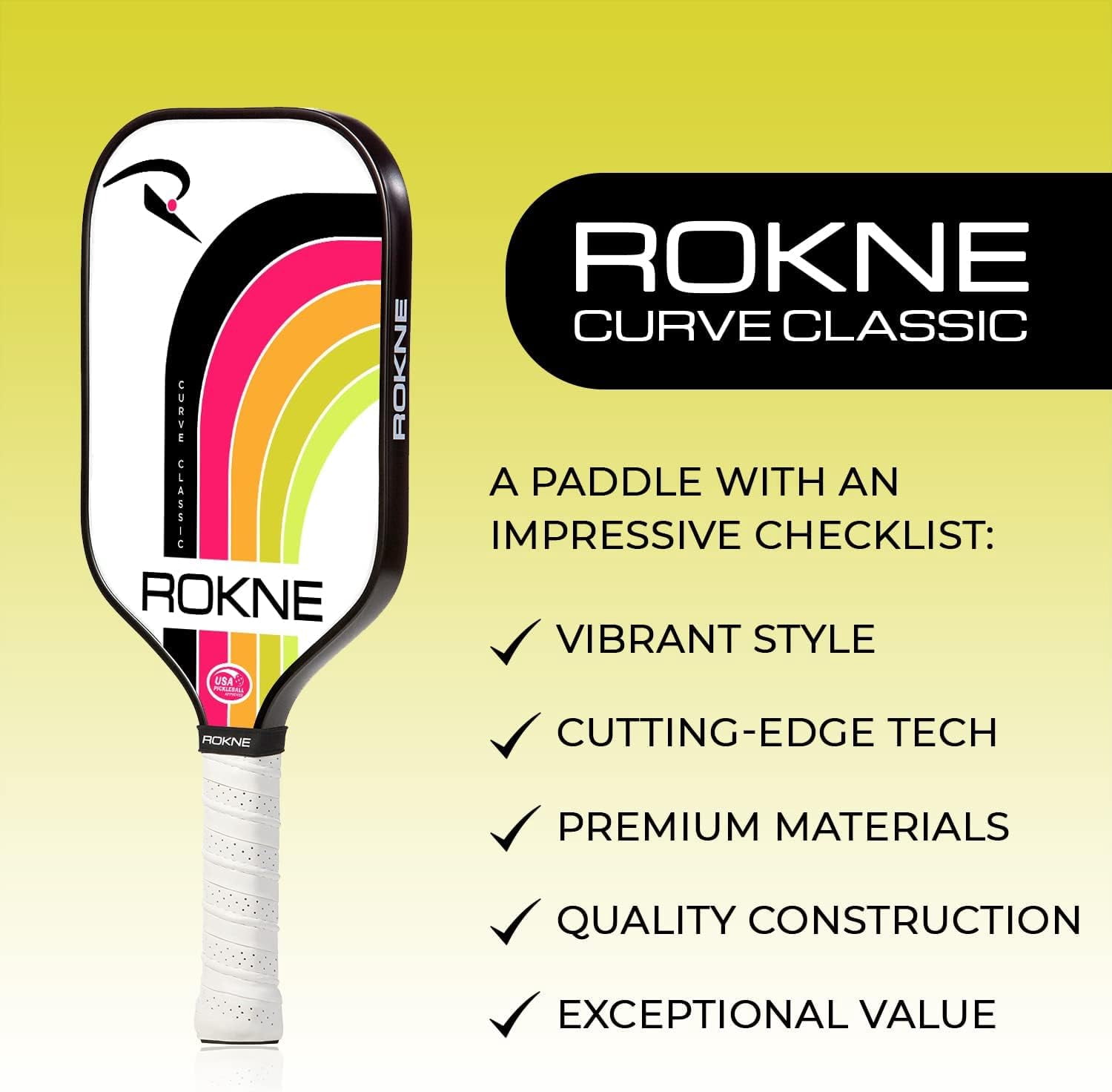 Rokne Curve Classic Fiberglass Pickleball Paddle Long Handle Racket with Pro Grit Texture, Electric Citrus
