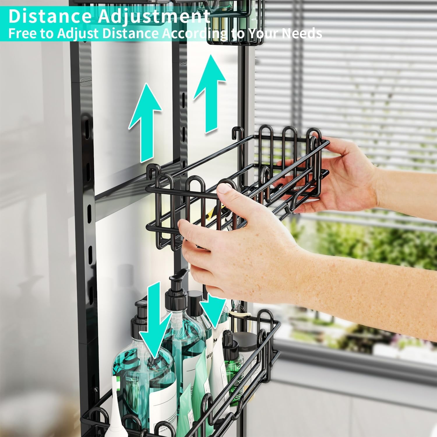 5 Tier Over the Door Shower Caddy, Hanging Shower Caddy with 28 Hooks and 2 Toothbrush Holders, No Drilling Adjustable Hanging Bathroom Organizer - Black