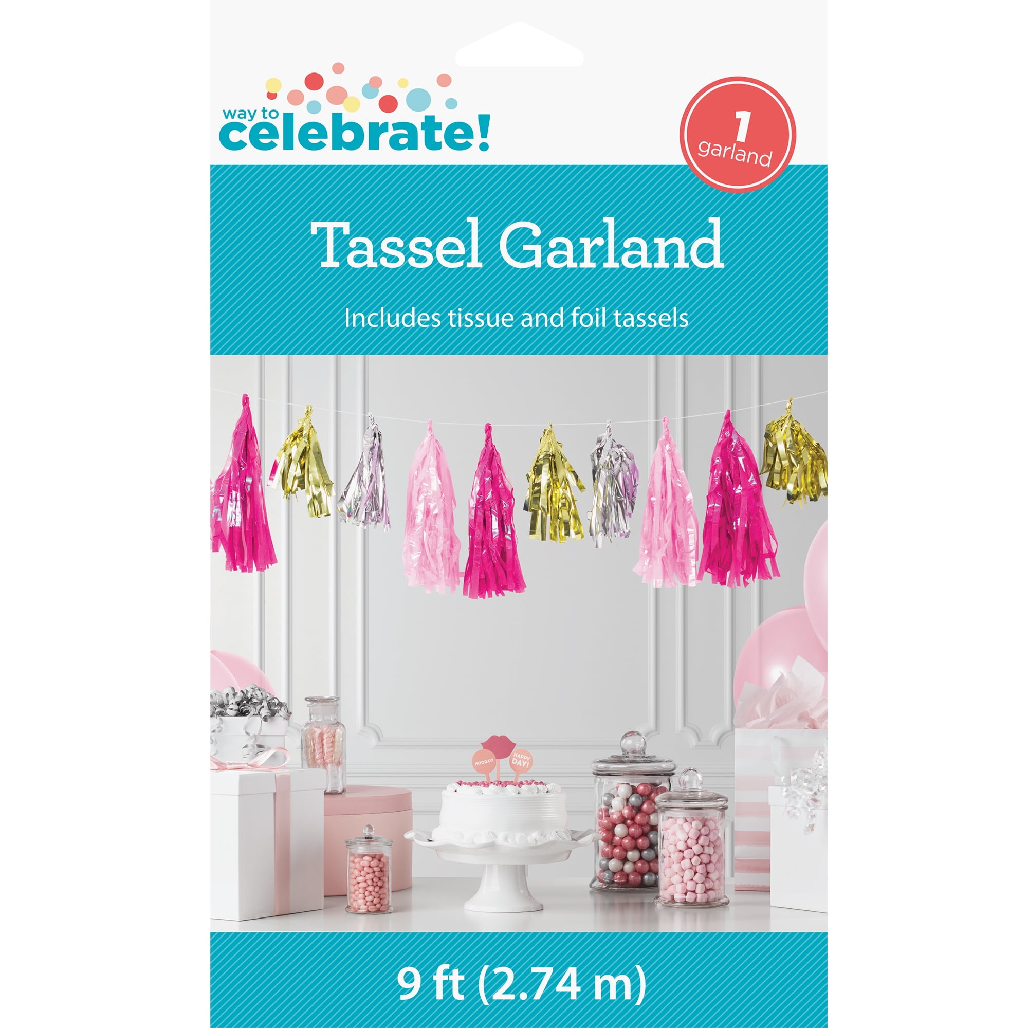 Pink and Gold Tassel Banner 9 ft by Way to Celebrate
