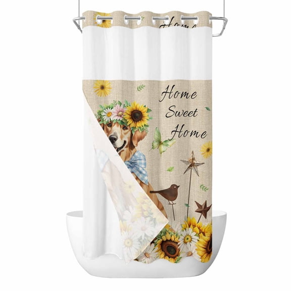 No Hook Shower Curtains with Snap-in Liner Set, Sunflowers Dog Waterproof Hotel Style Bathroom Shower Curtain, Spring Watercolor Floral Stars on Linen Breathable Mesh Top Bath Curtains 36''x72''