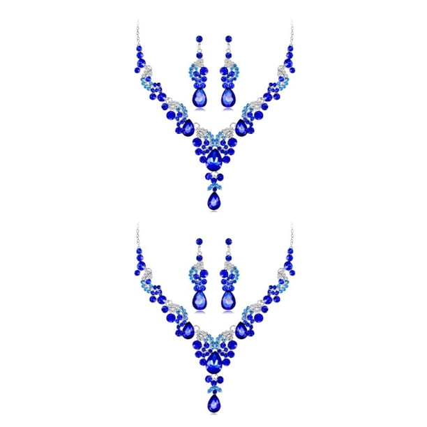 Collar de aleación Qarigey 3 unids/set elegante de diamantes de imitación nupcial para mujer Azul 2piezas