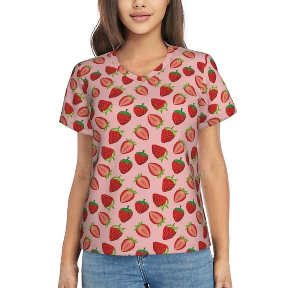Vsdgher Strawberries Women Shirts V Neck Short Sleeve Tops T-Shirt Basic Tees, S to 3XLSmall