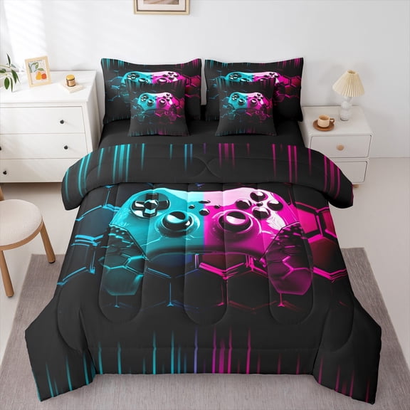 7 Pcs Gaming Bedding Sets Set Blue Gamer Bed in a Bag Twin Honeycomb Gaming 3D Comforter Set Sheets Teal Purple Geometric Bed Set Teen Cool Video Game Room Decor Sheet Set