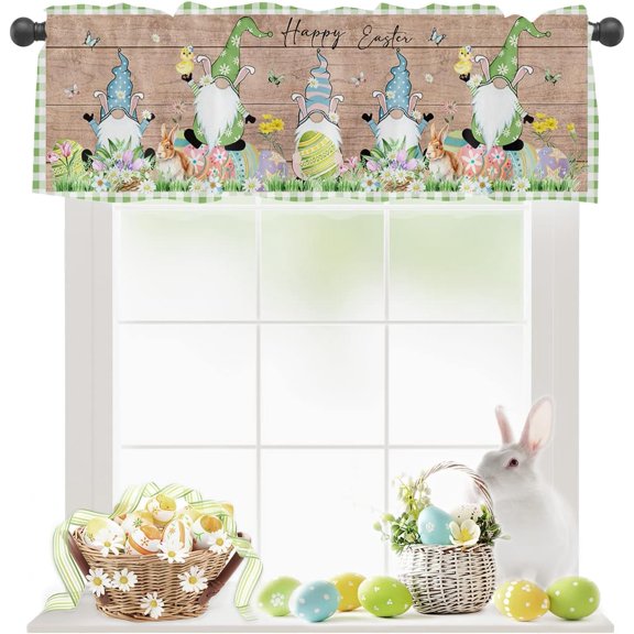 Curtain Valances for Windows, Easter Gnome Rabbit White Daisy Green Plaid Retro Wood Grain Rod Pocket Valance Window Treatments Short Curtains for Kitchen Bathroom Living Room 54 x 18 Inches, 1 Panel