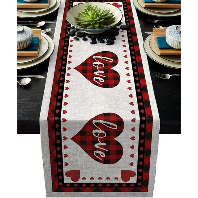 Chemin de Table Foulard Extra Long en Coton et Lin Saint-Valentin Carreaux Buffalo Rouges et Noirs Amour Antidérapant Toile de Jute Rectangulaire Nappes Déco pour Mariage Fête Souper des Fêtes Maison,13x120 Pouces,Blanc