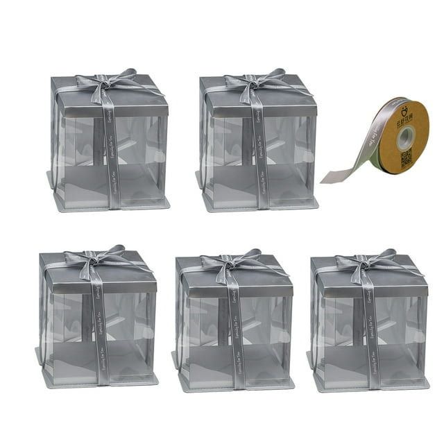 Cake Box, 5Pcs 8×8×9Inch Clear Cake Boxes with Ribbon, 8