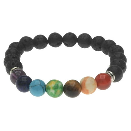 Stones Carvings Beads Bracelet - Natural Lava Gemstone and Mixed Bead Chakra Bracelet, Round Stretch 8mm, 1 Bracelet, Black/Assorted