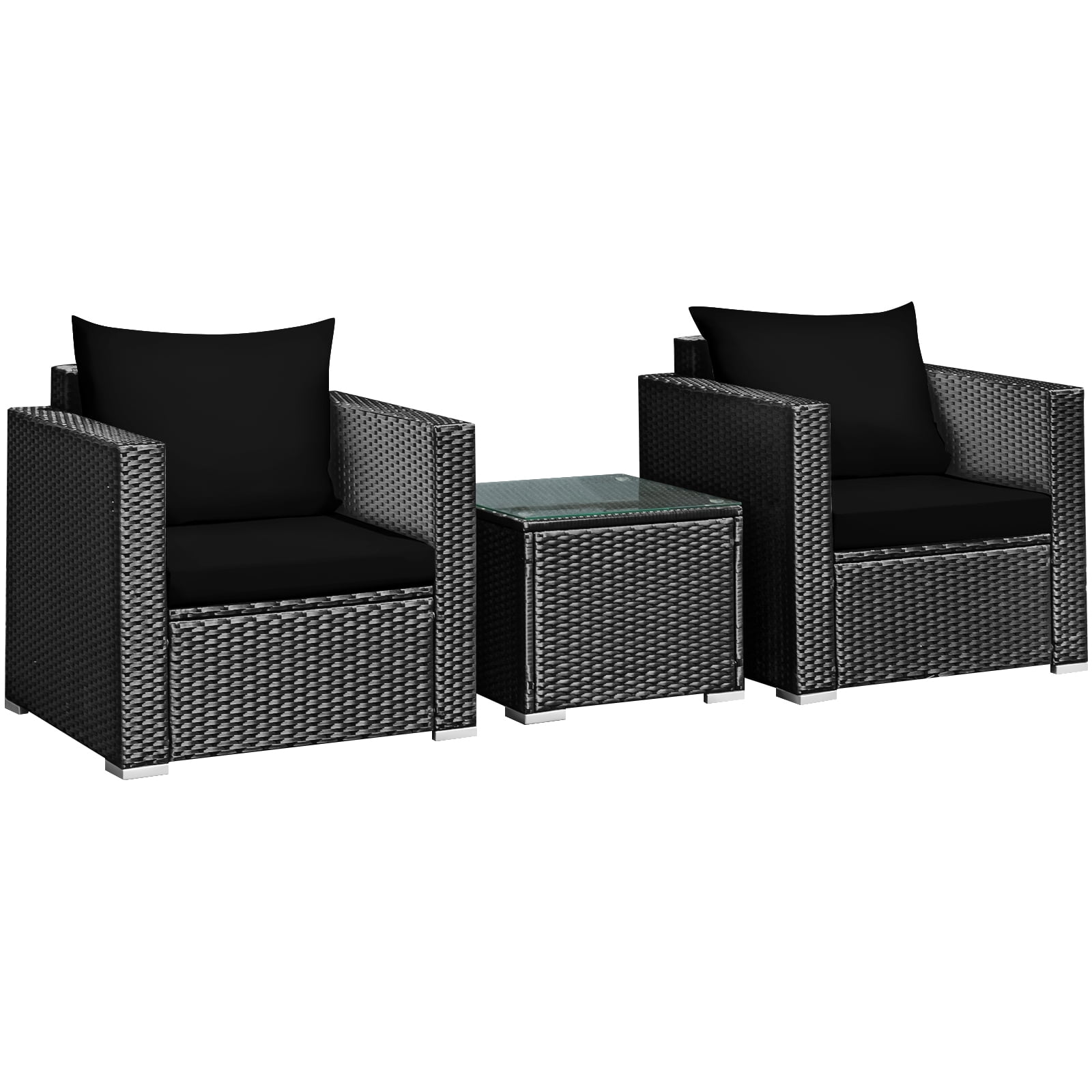 Patiojoy 3PCS Patio Rattan Furniture Conversation Set with 2 Cushioned Sofas & Coffee Table for Outdoor Black