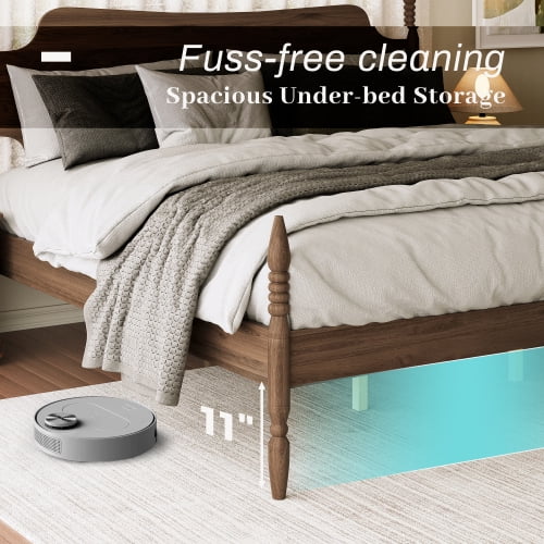 King Size Walnut Spindle Platform Bed with Curved Tall Headboard, Retro Four Poster, No Box Spring Needed