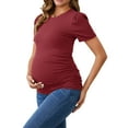 thumbnail image 4 of INSPIRE CHIC Women's Mother's Day Maternity Blouse Ribbed Knit Puff Short SleeveTop Ruched T-Shirt Shower Photoshoot Large Brown, 4 of 6