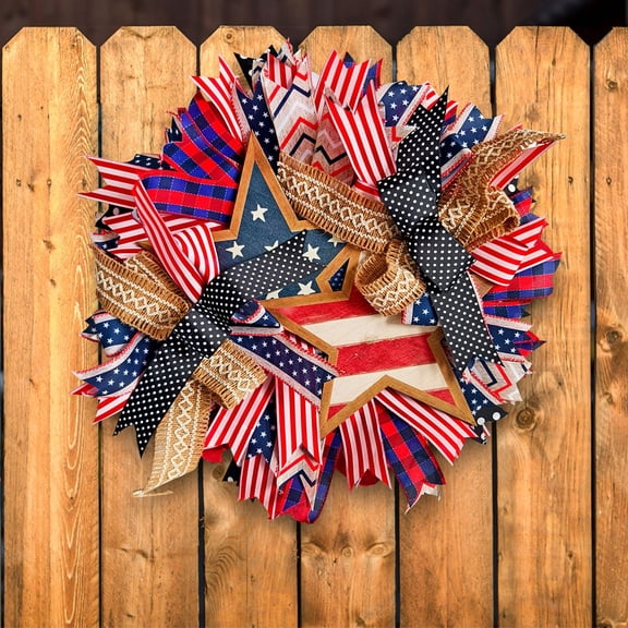 17.7 Inch Patriotic American Wreaths for Front Door Red White Blue Patriotic Bows Wreath Decorations 4th of July Independence Day Memorial Day Veterans Day Farmhouse Home Décor