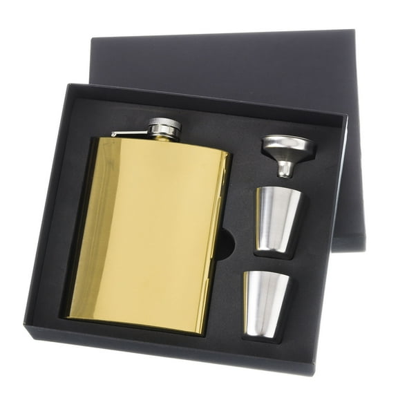 Uxcell 8oz Stainless Steel Hip Flask Set with Cup Funnel for Camping Hiking Outdoor Activity, Gold