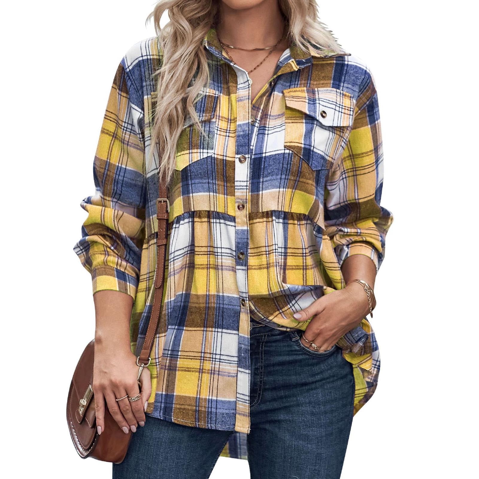 JGGSPWM Flannel Plaid Shirts for Women Oversized Button Down Shirts Blouse Long  Sleeve Fashion Shacket Jacket Fall Spring Blouse Checked Tops with Pocket  Yellow XL 