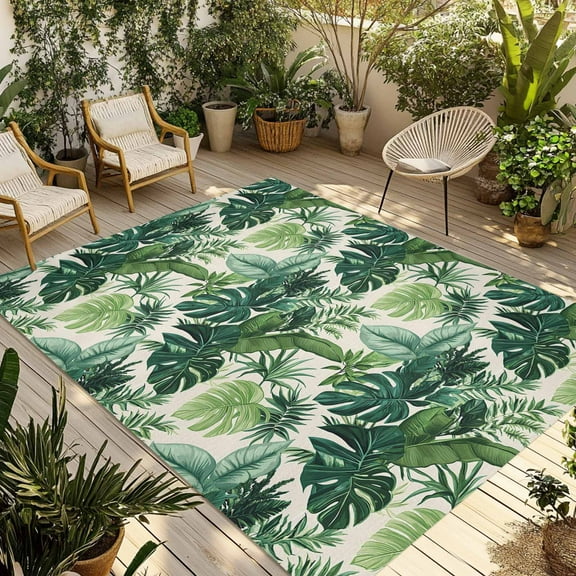 Fsddascl Green Palm Leaf Outdoor Rug for Patio/Deck/Porch, Non-Slip Large Area Rug 5 x 8 Ft, Summer Leaves Watercolor Indoor Outdoor Rugs Washable Area Rugs, Reversible Camping Rug Carpet Runner