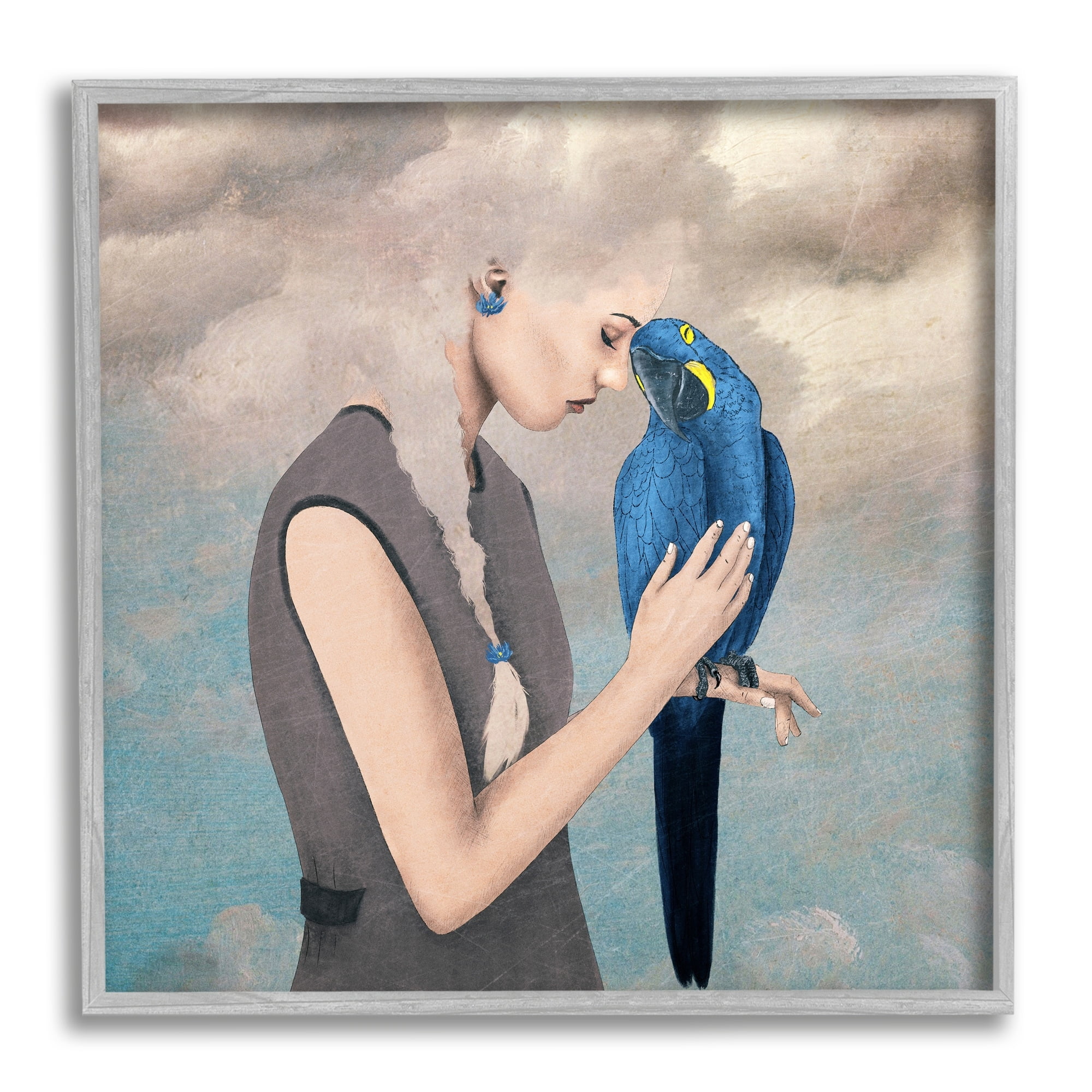 Stupell Industries Dreamy Cloud Hair Woman Vibrant Blue Parrot Framed Wall Art, 24 x 24, Design by Paula Belle Flores