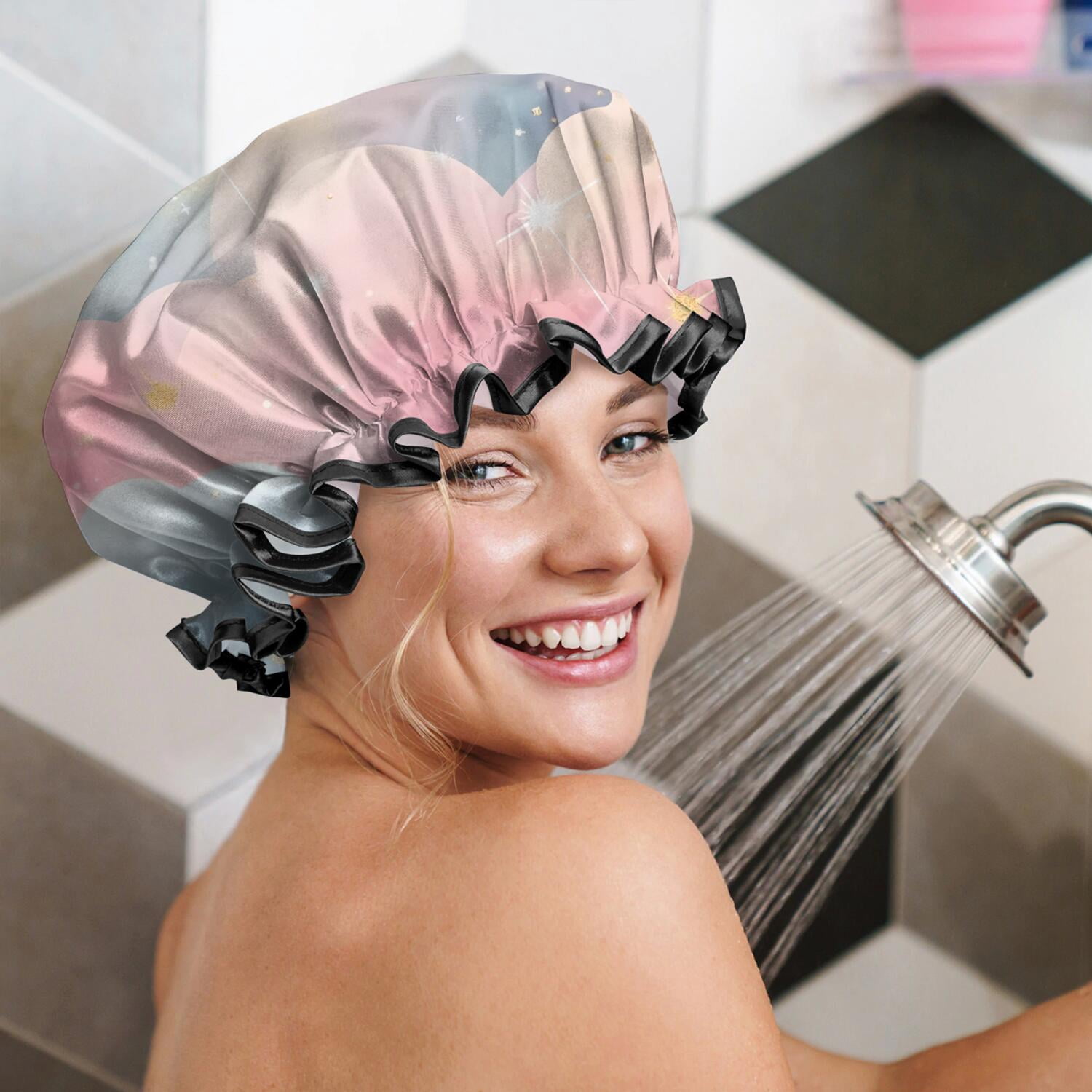 Shower Caps,Pastel Cloud Starry Sky Waterproof Shower Cap for Women 4 Pieces,Double Reusable Hair Cover for Shower PEVA Elastic Stretch Hem
