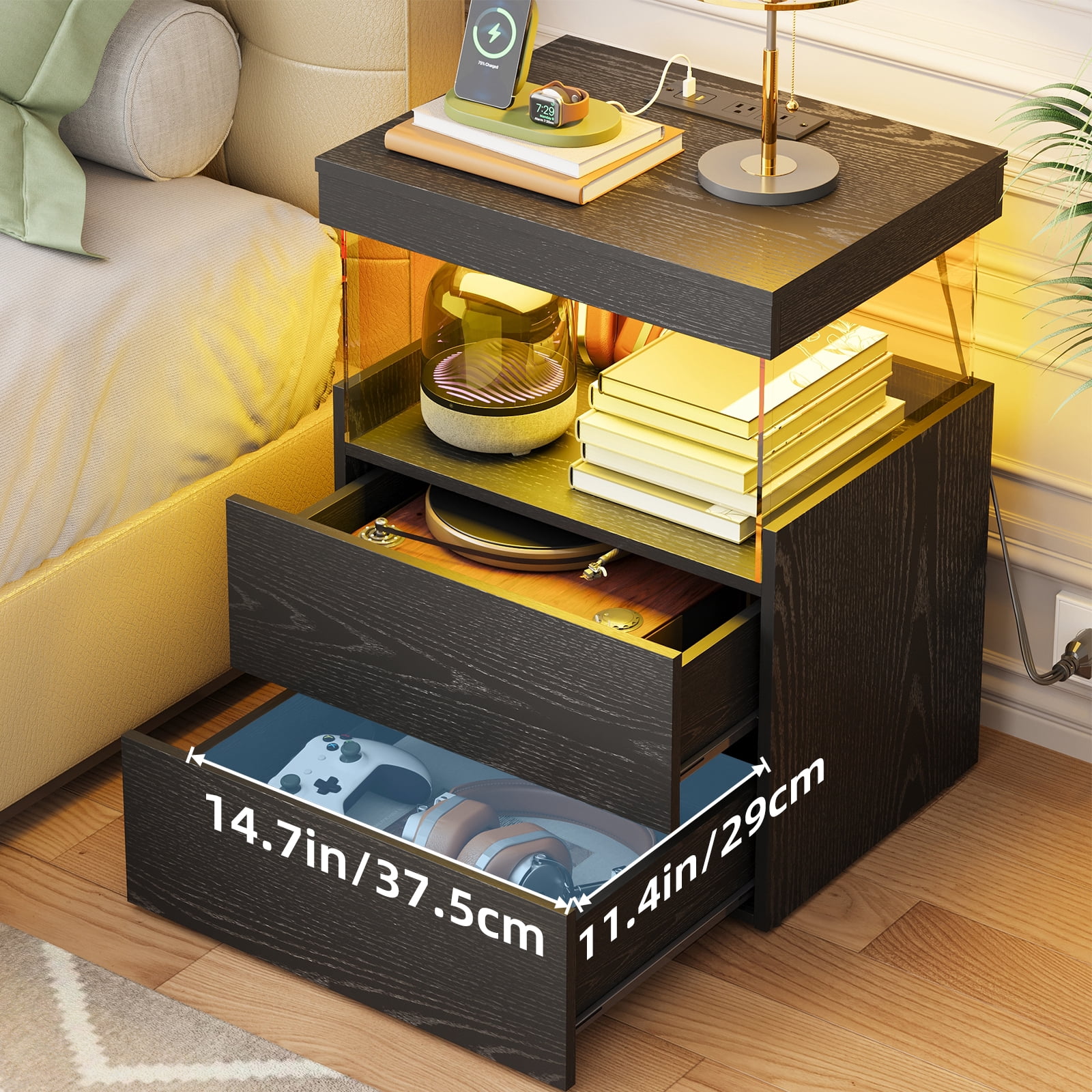 TOMNK Black Nightstand with Charging Station, Bedside Table for Bedroom, LED Nightstand, Modern Night Stand with Drawers, Black