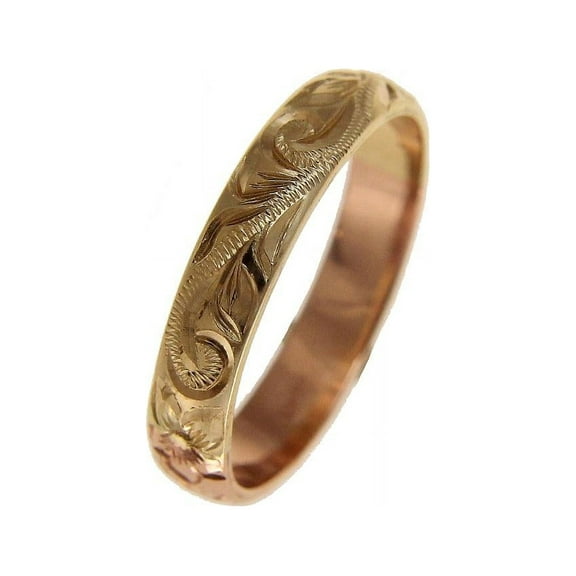 14k yellow rose gold 2 tone custom hand engraved Hawaiian scroll maile 4mm ring size 2 to 14