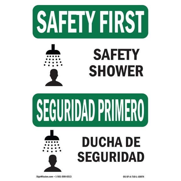 OSHA SAFETY FIRST Sign - Safety Shower With Symbol Bilingual | Decal | Protect Your Business, Work Site, Warehouse & Shop Area | Made in the USA