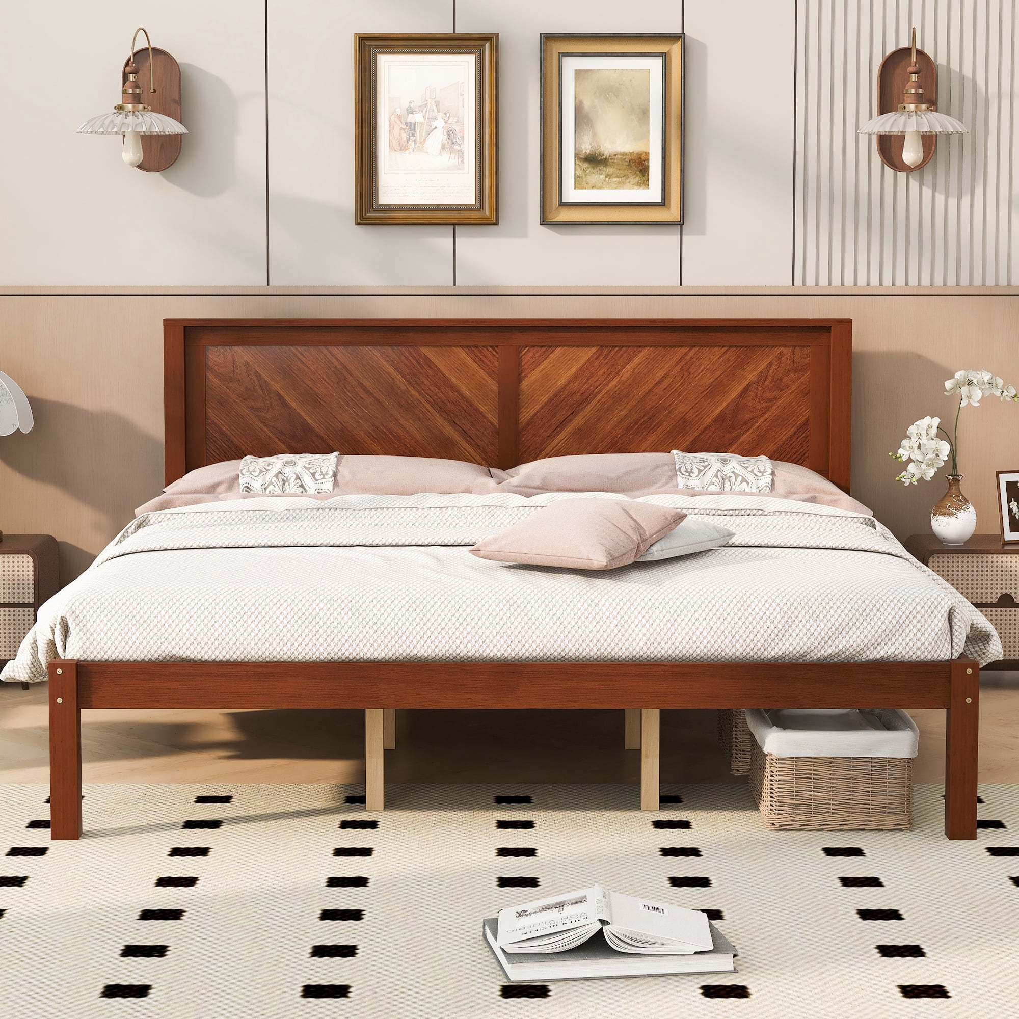 King Bed Frame with Herringbone Wood Headboard, Solid Wood Platform Bed and Mattress Foundation with Under-Bed Storage for Bedroom, Walnut Finish