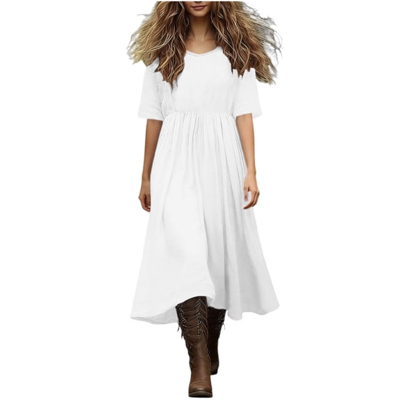 BUIGTTKLOP Cotton Linne Dresses for Women Short Sleeve Crewneck Midi Dress A Line Pleated Casual Flowy Sundresses