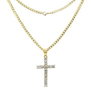 Cross Cubic Zirconia Pendant Box Chain Necklace Set 14K Gold Plated Stainless Steel Men Fashion Jewelry 2.5 mm 24"