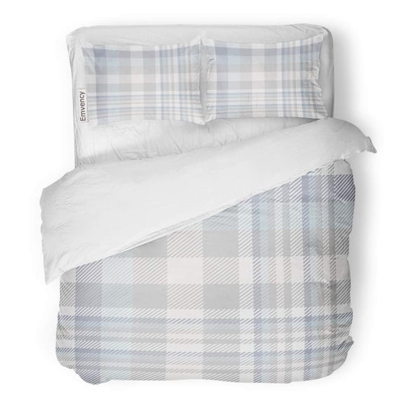 FMSHPON 3 Piece Bedding Set Gray Border Plaid Check Pattern in Blue Grey Pale Beige and White Checker Twin Size Duvet Cover with 2 Pillowcase for Home Bedding Room Decoration