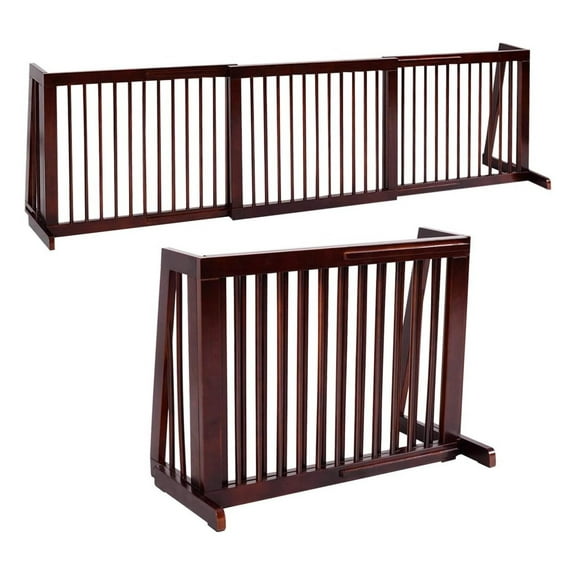 Freestanding Pet Gates for Dogs, 28"-80" Adjustable Wooden Dog Fence Indoor, Step Over Dog Gate Extra Wide for House, Doorways, Stairs Cherry