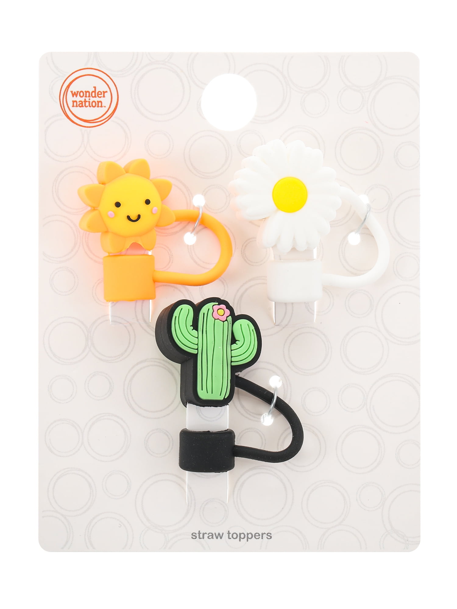 Wonder Nation 3-Pack Silicone Straw Topper Set, Reusable, Flower, Sun and Cactus, Multicolored, 3 Pieces