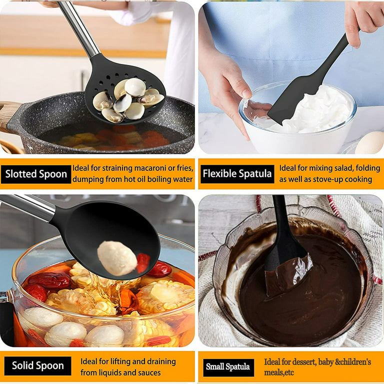 Daily Kitchen Solid Cooking Spoon Heat Resistant Silicone and Stainless  Steel Metal - Best Serving Spoon with Rubber Grip - Flexible Silicone Spoon