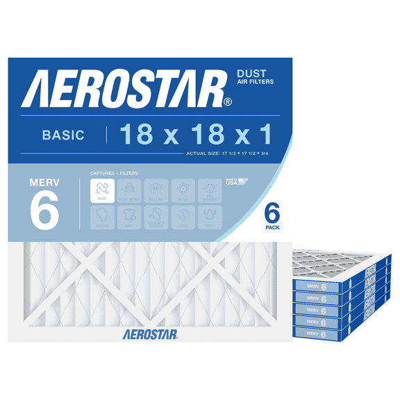 Aerostar 18x18x1 MERV 6 Air Filter, Pleated AC Furnace HVAC, Dust Lint Control, 6 Pack