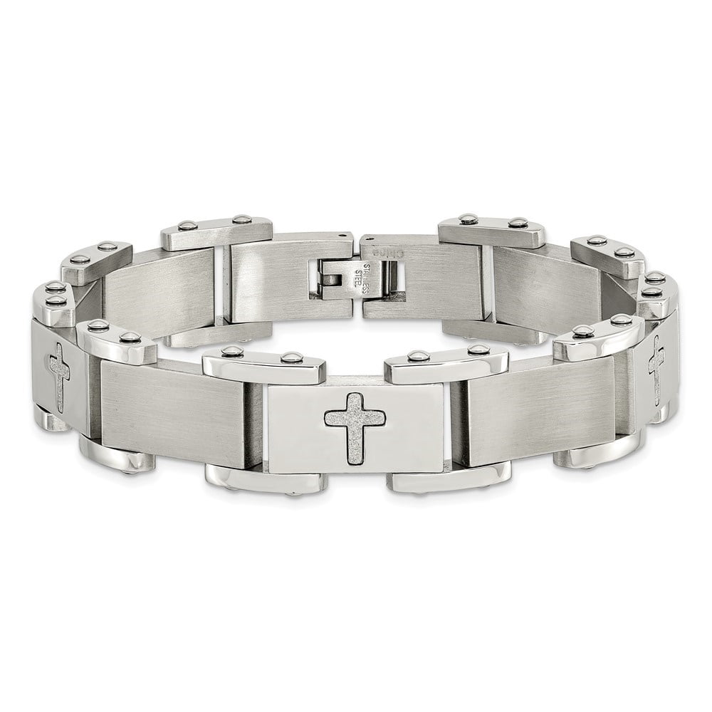 Diamond2Deal Stainless Steel Brushed Polished and Laser Cut Crosses Link Bracelet for Men 8.75"
