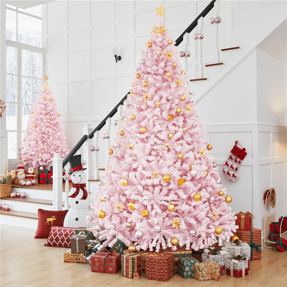 Alden Design 9Ft Pre-lit Flocked Artificial Christmas Tree with Incandescent Warm White Lights, Pink