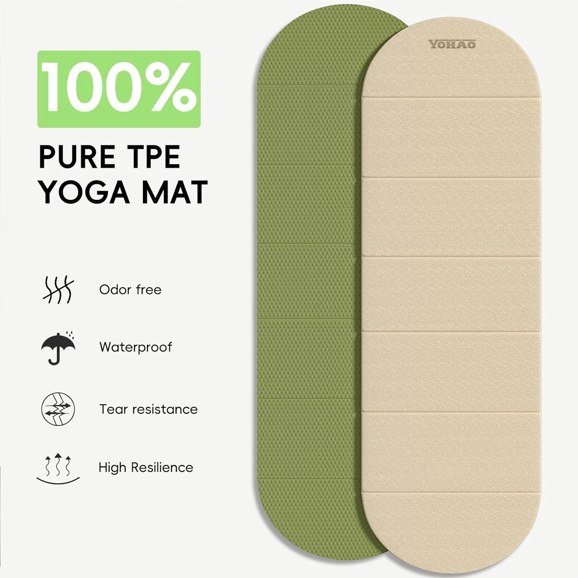 YOHAO Yoga Mat Thick,10mm Foldable Exercise Mats For Home and Travel,Rounded Folds,Quick Unfold Or Storage,Flat Lay No Curl Design(White+Green)