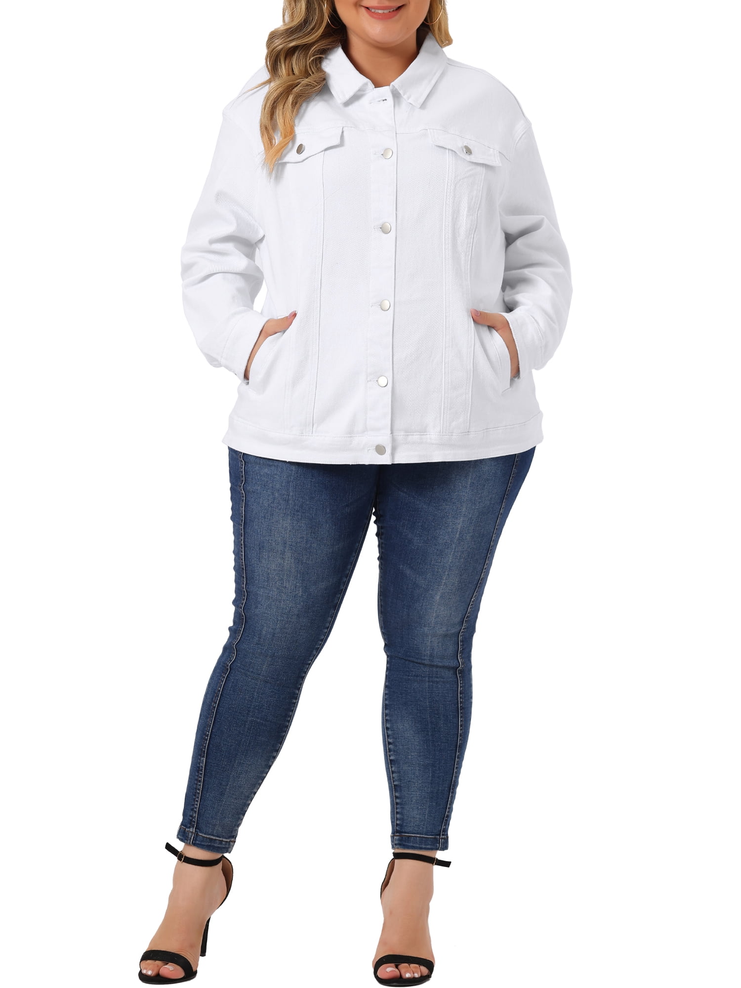 Unique Bargains Women's Plus Size Long Sleeve Button Front Washed Denim Jacket