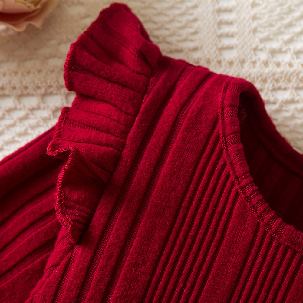 IWEMEK Long Sleeve Dress for Girls Pleated Round Neck Vintage Red Dresses Xmas Party Dress Comfy Knitted Outfit Set 7T