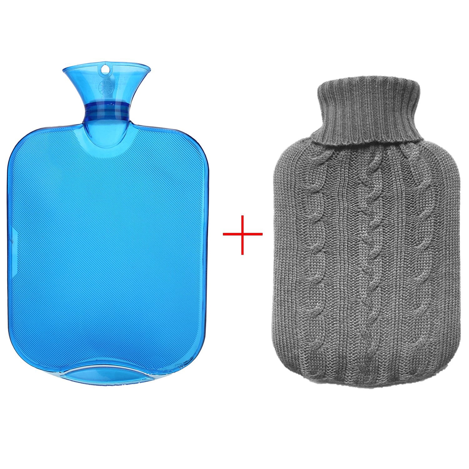 Hot Water Bottle with Knit Cover - Easy to Fill - 2 Liter (~1/2 Gallon) Capacity