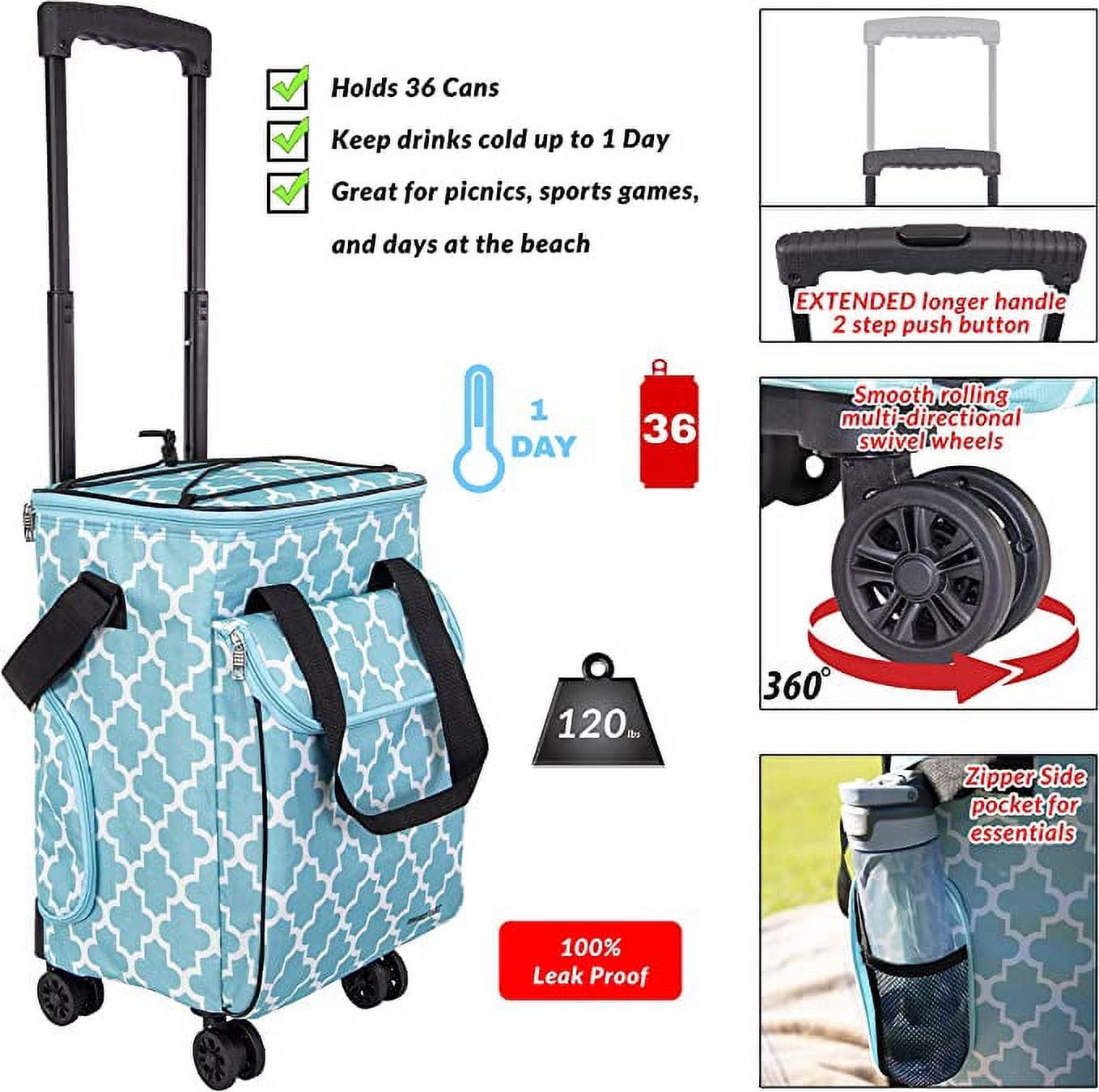 dbest products Ultra Compact Smart Cart Cooler 360, Insulated Collapsible Rolling Tailgate BBQ Beach Summer, Moroccan Tile