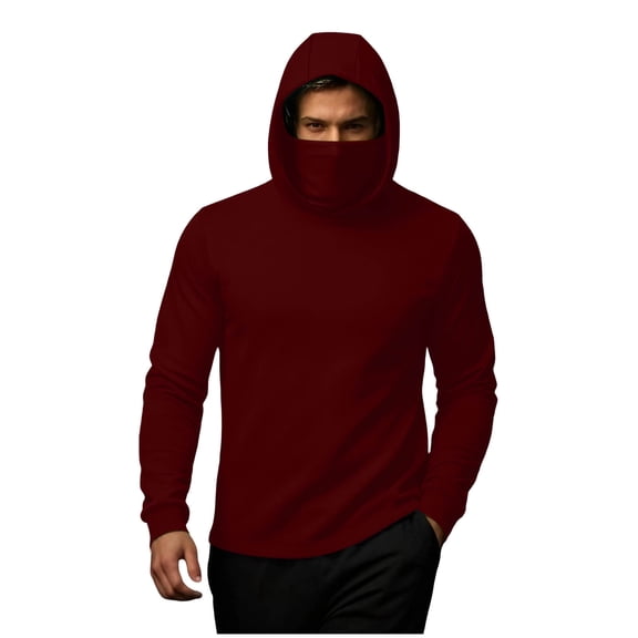 Men's Mask Thermal Hoodie Long Sleeve Solid Face Cover Warmer Pullover Top for Outdoor Wine L