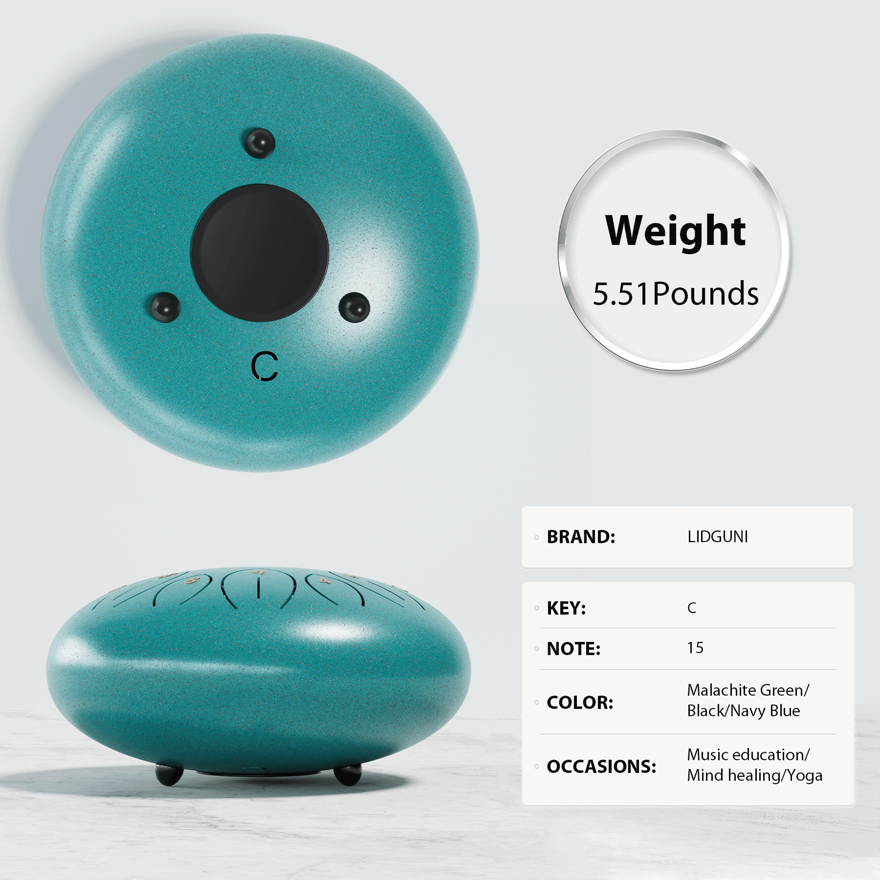 Lidguni 12" 15-Notes C Major Rain Drum, Tongue Pan Drums for Kids Adults, Malachite Green