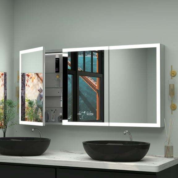 60x30” Lighted Medicine Cabinet, Anti-Fog, Clock, Thermometer, Surface/Recessed, 2 Outlet 2 USB