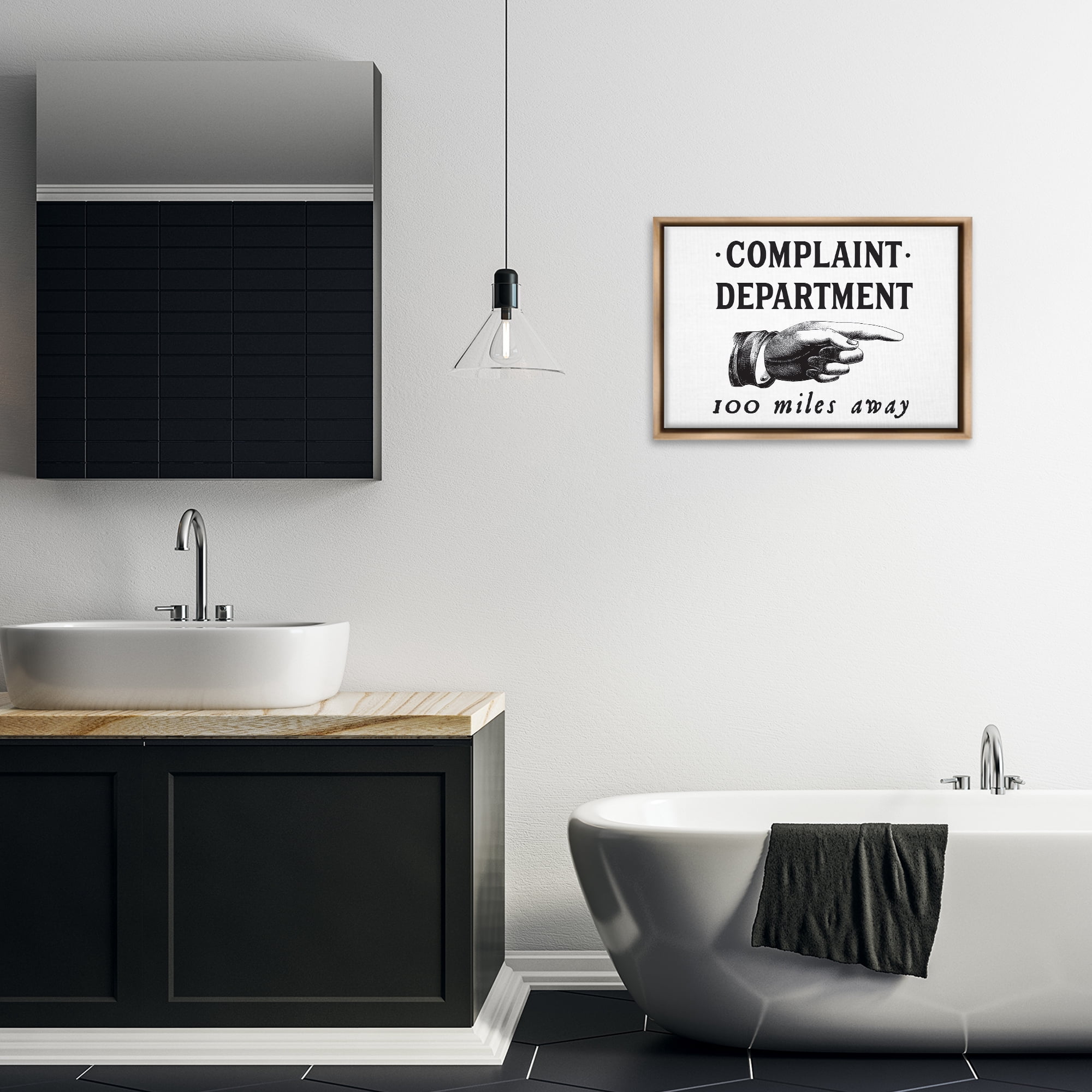 Stupell Industries Complaint Department Pointing Typography Painting Brown Floater Framed Canvas Art Print Wall Art, 25 x 17