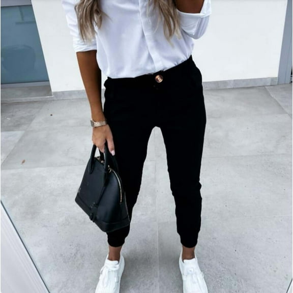 HUPOM Palazzo Pants For Women Training Pants Track Pants High Waist Rise Full Straight-Leg Black XL