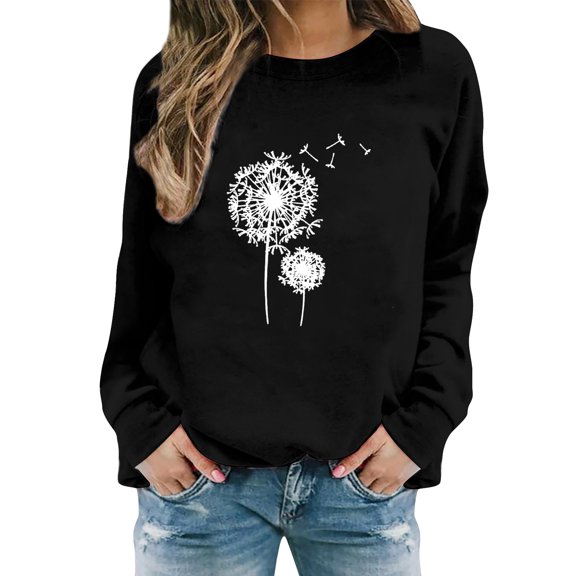 AJHSAKLt Lightweight Hoodies for Women's Dandelion Print Casual Fashion Sweatshirt Top Crewneck Sweatshirts Women Black